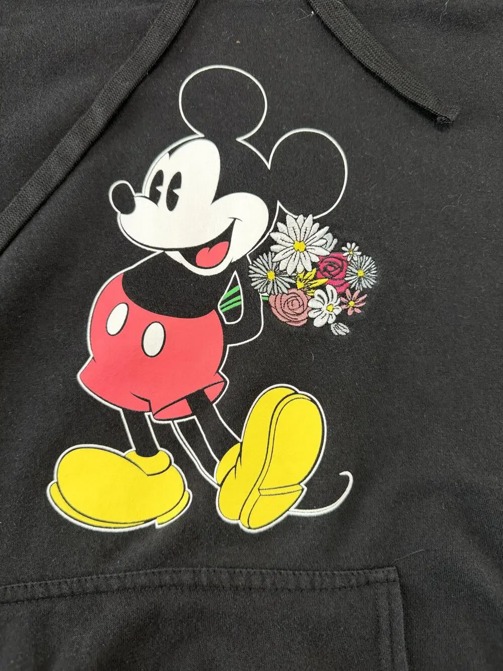 Disney Hoodie Juniors Small Black Mickey Mouse Floral Graphic Pullover Fleece